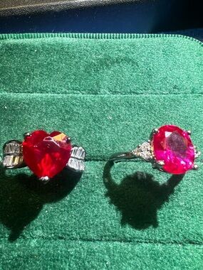 Red Heart & Pink Oval lab Gemstone Rings Set - Women size 8 can adjusted Jewelry